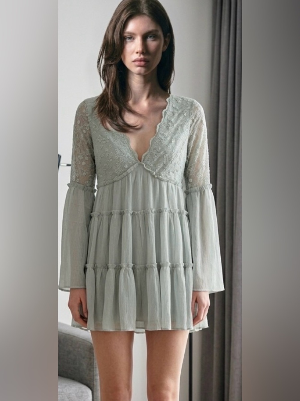 Altar'd State Sage Lace-Panel Tiered Mini Dress